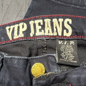 VIP Women's Black Skinny Jeans with Red Stitching and Gold Button